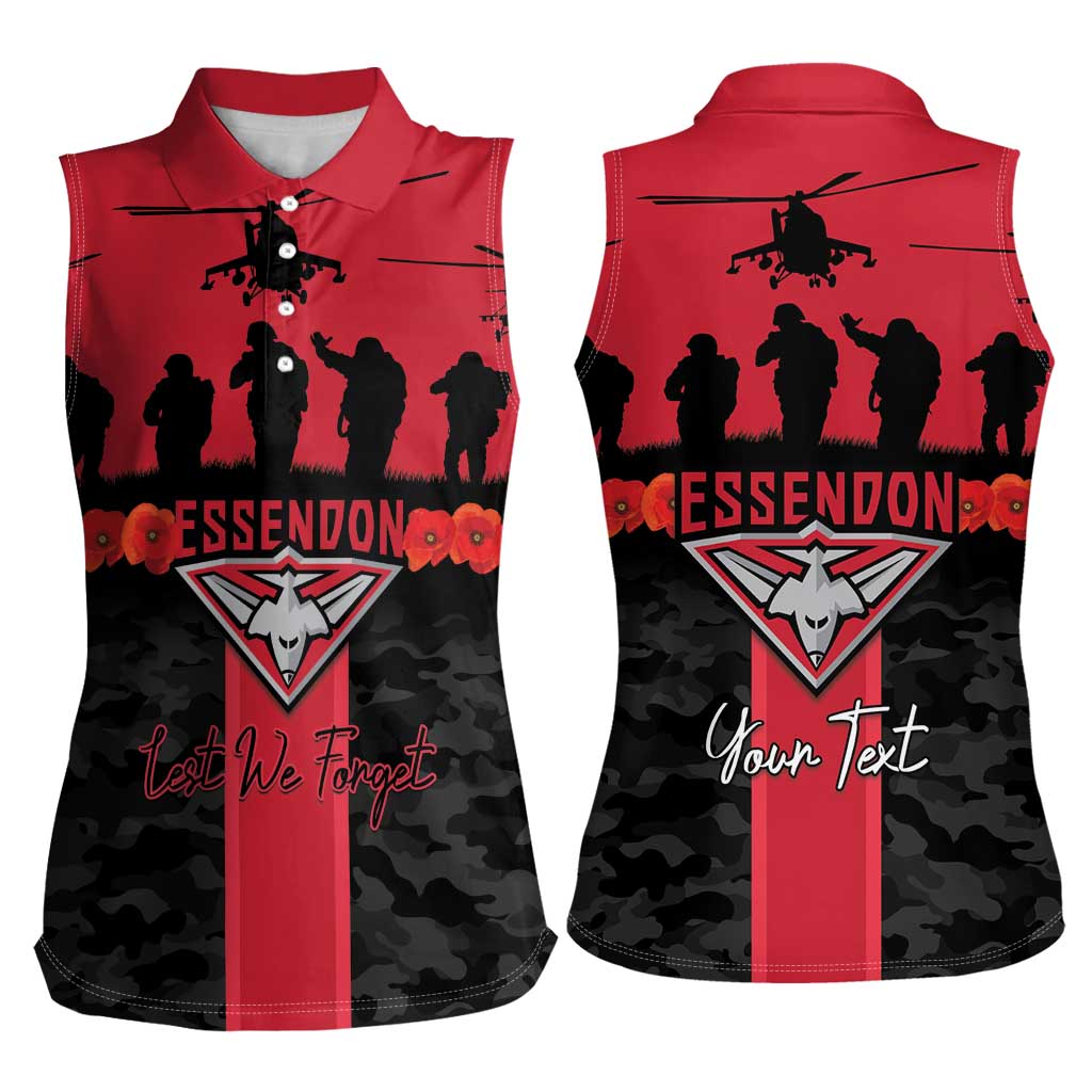 Personalised Essendon Football ANZAC Day Women Sleeveless Polo Shirt Bombers Poppy Lest We Forget