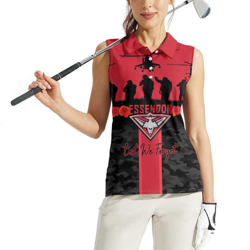 Personalised Essendon Football ANZAC Day Women Sleeveless Polo Shirt Bombers Poppy Lest We Forget