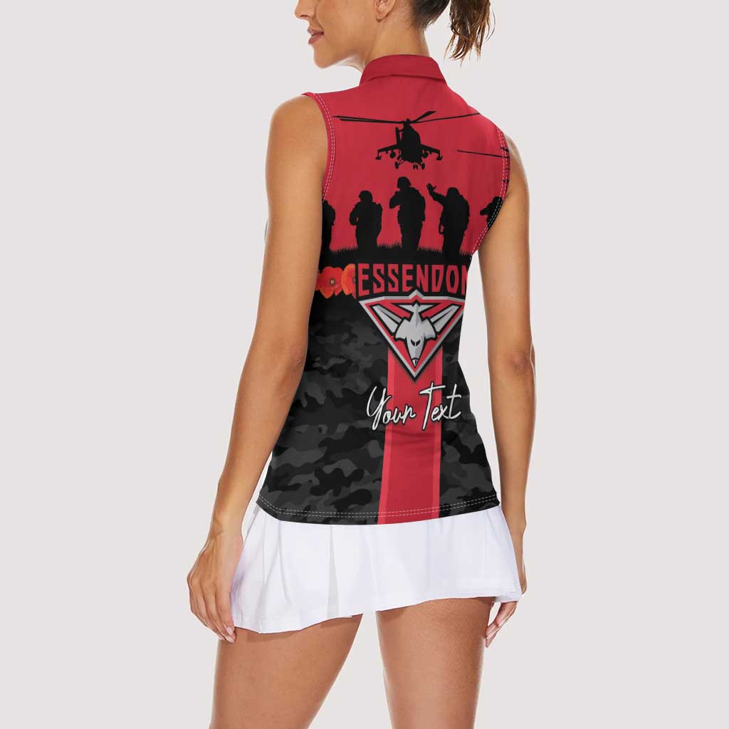 Personalised Essendon Football ANZAC Day Women Sleeveless Polo Shirt Bombers Poppy Lest We Forget