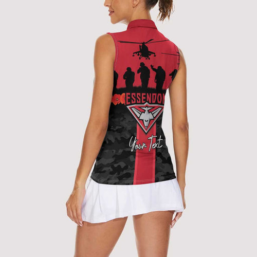 Personalised Essendon Football ANZAC Day Women Sleeveless Polo Shirt Bombers Poppy Lest We Forget