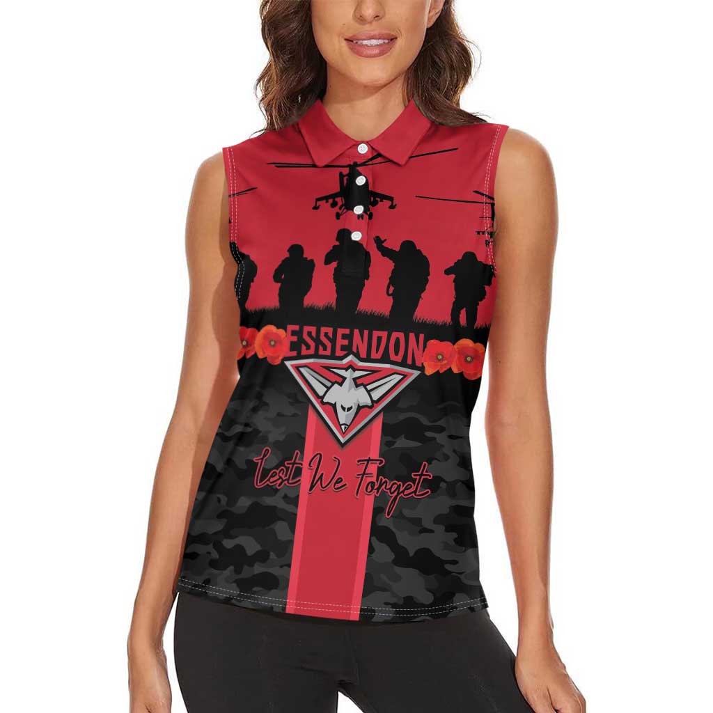 Personalised Essendon Football ANZAC Day Women Sleeveless Polo Shirt Bombers Poppy Lest We Forget