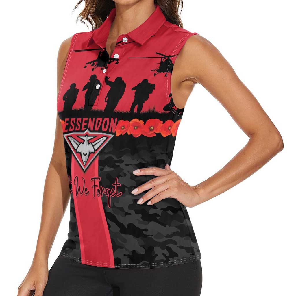 Personalised Essendon Football ANZAC Day Women Sleeveless Polo Shirt Bombers Poppy Lest We Forget