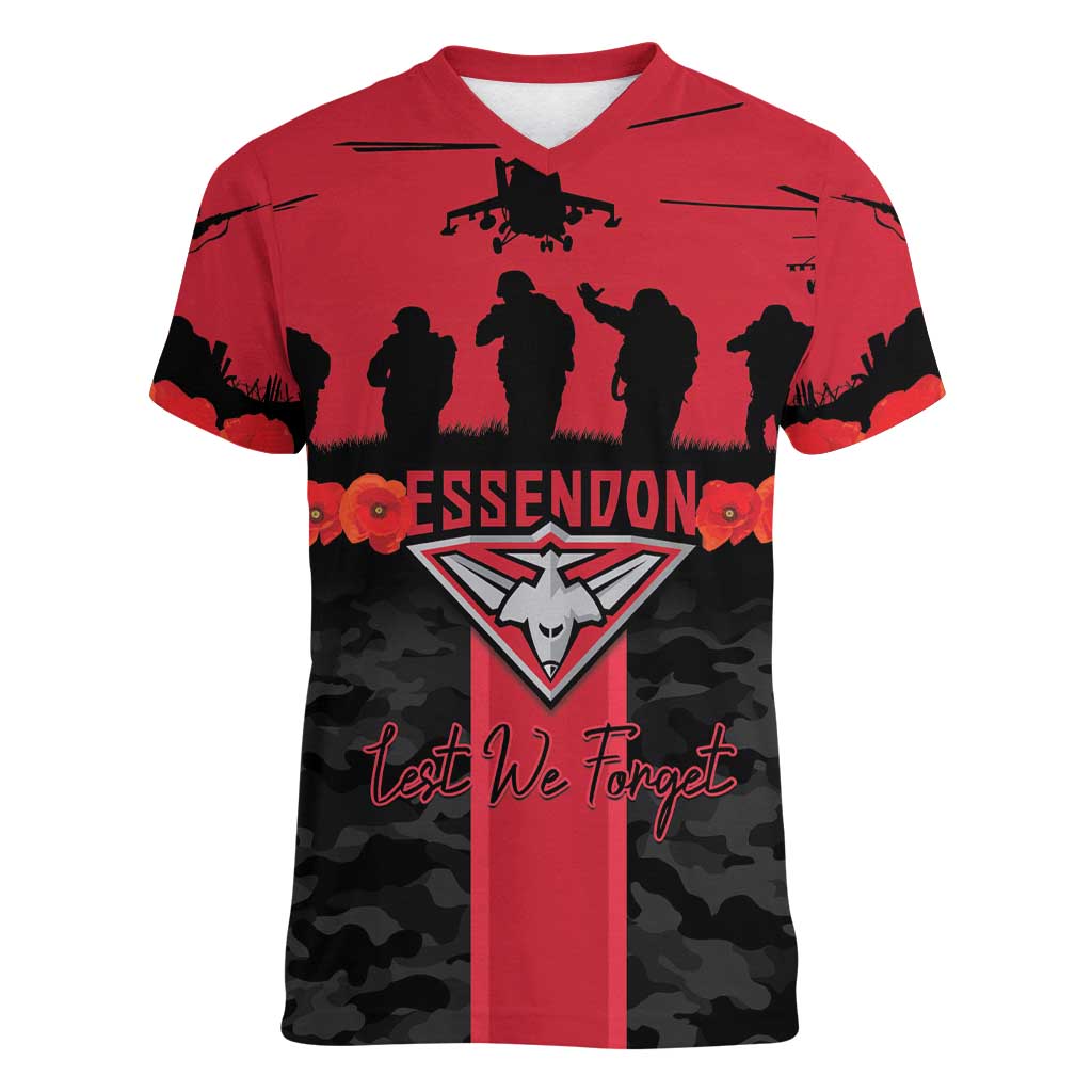 Personalised Essendon Football ANZAC Day Women V-Neck T-Shirt Bombers Poppy Lest We Forget