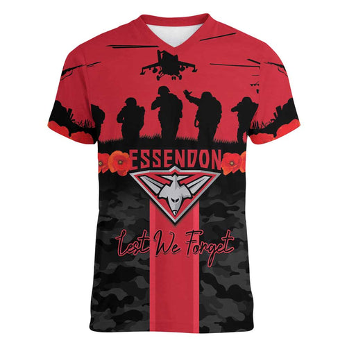 Personalised Essendon Football ANZAC Day Women V-Neck T-Shirt Bombers Poppy Lest We Forget