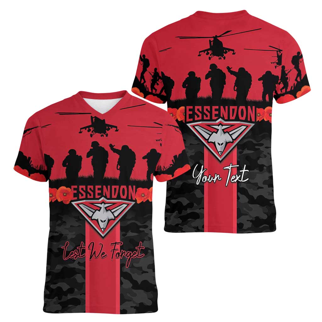 Personalised Essendon Football ANZAC Day Women V-Neck T-Shirt Bombers Poppy Lest We Forget