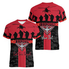 Personalised Essendon Football ANZAC Day Women V-Neck T-Shirt Bombers Poppy Lest We Forget