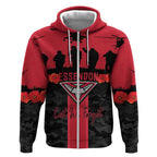 Personalised Essendon Football ANZAC Day Zip Hoodie Bombers Poppy Lest We Forget