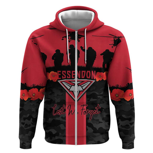 Personalised Essendon Football ANZAC Day Zip Hoodie Bombers Poppy Lest We Forget