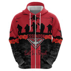 Personalised Essendon Football ANZAC Day Zip Hoodie Bombers Poppy Lest We Forget