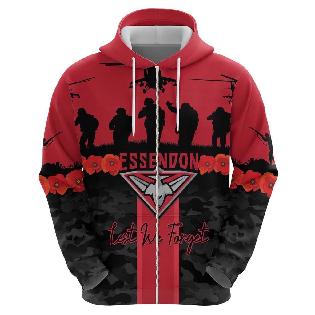 Personalised Essendon Football ANZAC Day Zip Hoodie Bombers Poppy Lest We Forget