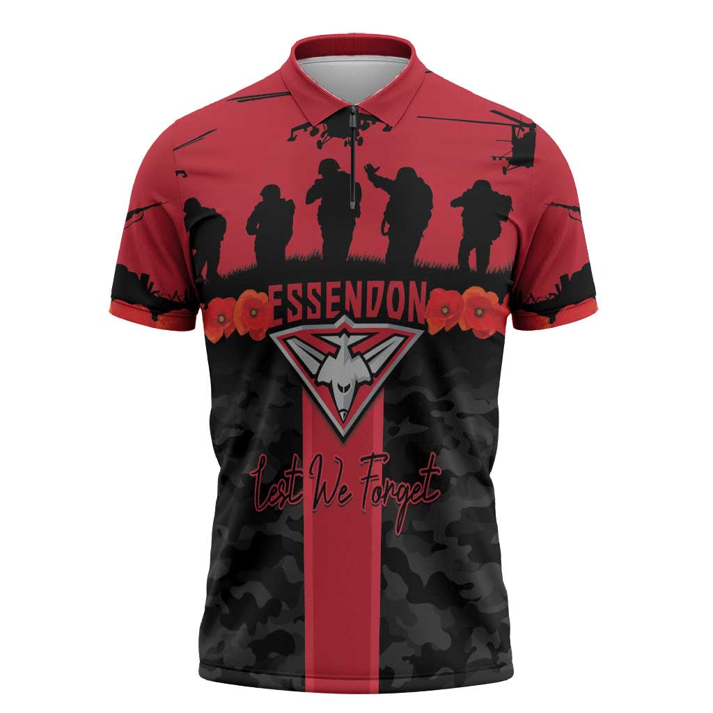 Personalised Essendon Football ANZAC Day Zipper Polo Shirt Bombers Poppy Lest We Forget