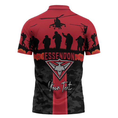 Personalised Essendon Football ANZAC Day Zipper Polo Shirt Bombers Poppy Lest We Forget