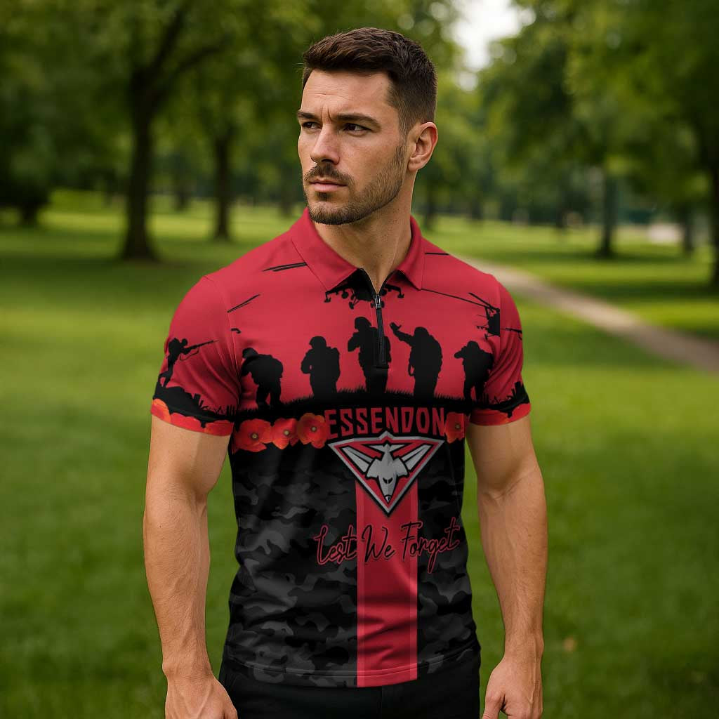 Personalised Essendon Football ANZAC Day Zipper Polo Shirt Bombers Poppy Lest We Forget