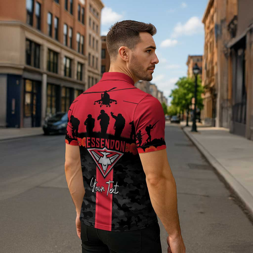 Personalised Essendon Football ANZAC Day Zipper Polo Shirt Bombers Poppy Lest We Forget
