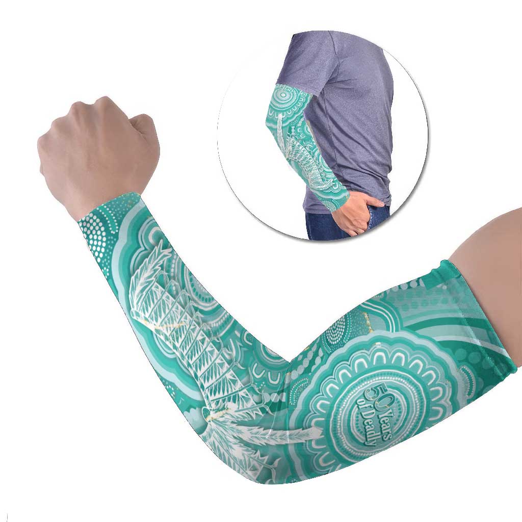 50 Years Deadly NAIDOC Week 2026 Personalised Arm Sleeves Dhari Cyan Indigenous Art