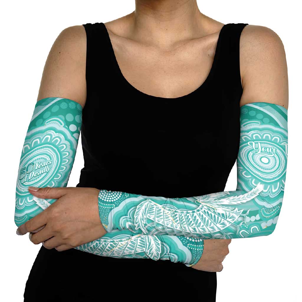 50 Years Deadly NAIDOC Week 2026 Personalised Arm Sleeves Dhari Cyan Indigenous Art
