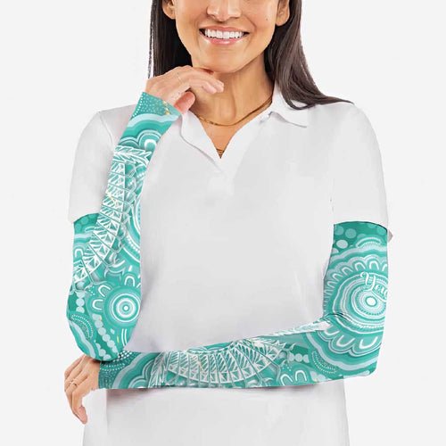 50 Years Deadly NAIDOC Week 2026 Personalised Arm Sleeves Dhari Cyan Indigenous Art