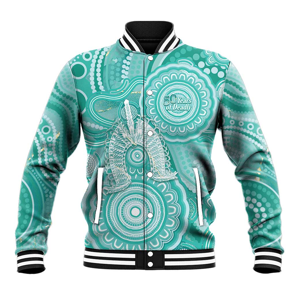 50 Years Deadly NAIDOC Week 2026 Personalised Baseball Jacket Dhari Cyan Indigenous Art