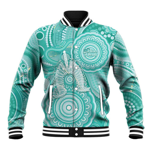 50 Years Deadly NAIDOC Week 2026 Personalised Baseball Jacket Dhari Cyan Indigenous Art