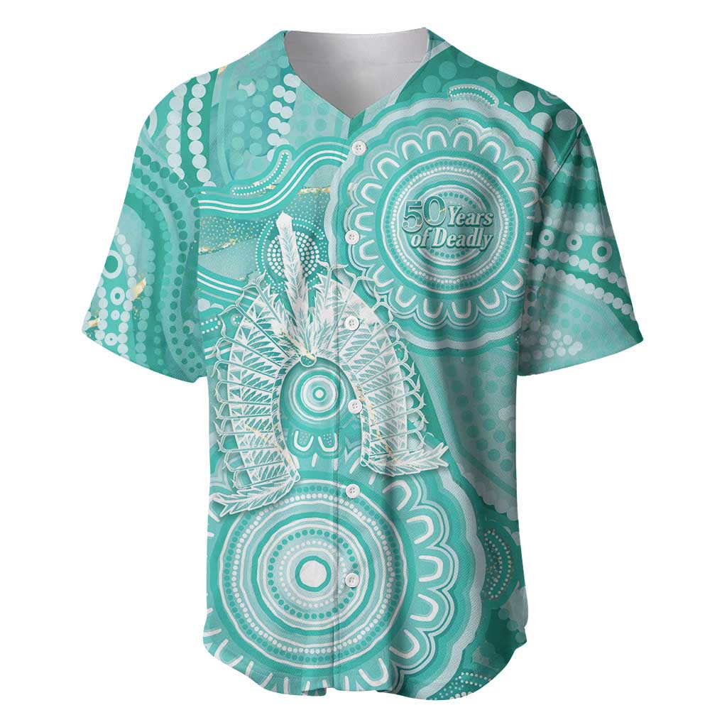 50 Years Deadly NAIDOC Week 2026 Personalised Baseball Jersey Dhari Cyan Indigenous Art