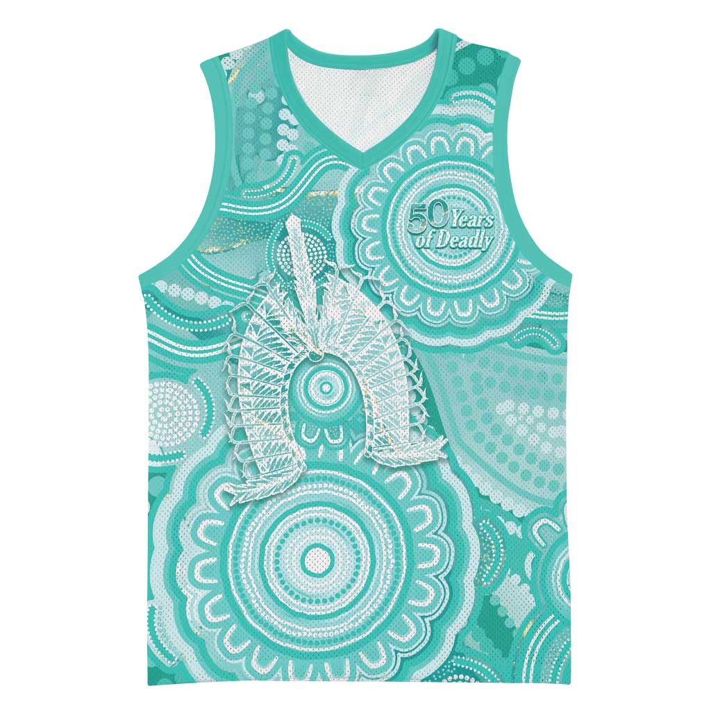 50 Years Deadly NAIDOC Week 2026 Personalised Basketball Jersey Dhari Cyan Indigenous Art