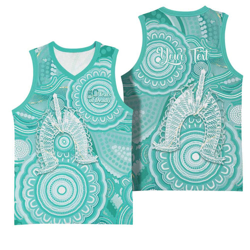 50 Years Deadly NAIDOC Week 2026 Personalised Basketball Jersey Dhari Cyan Indigenous Art