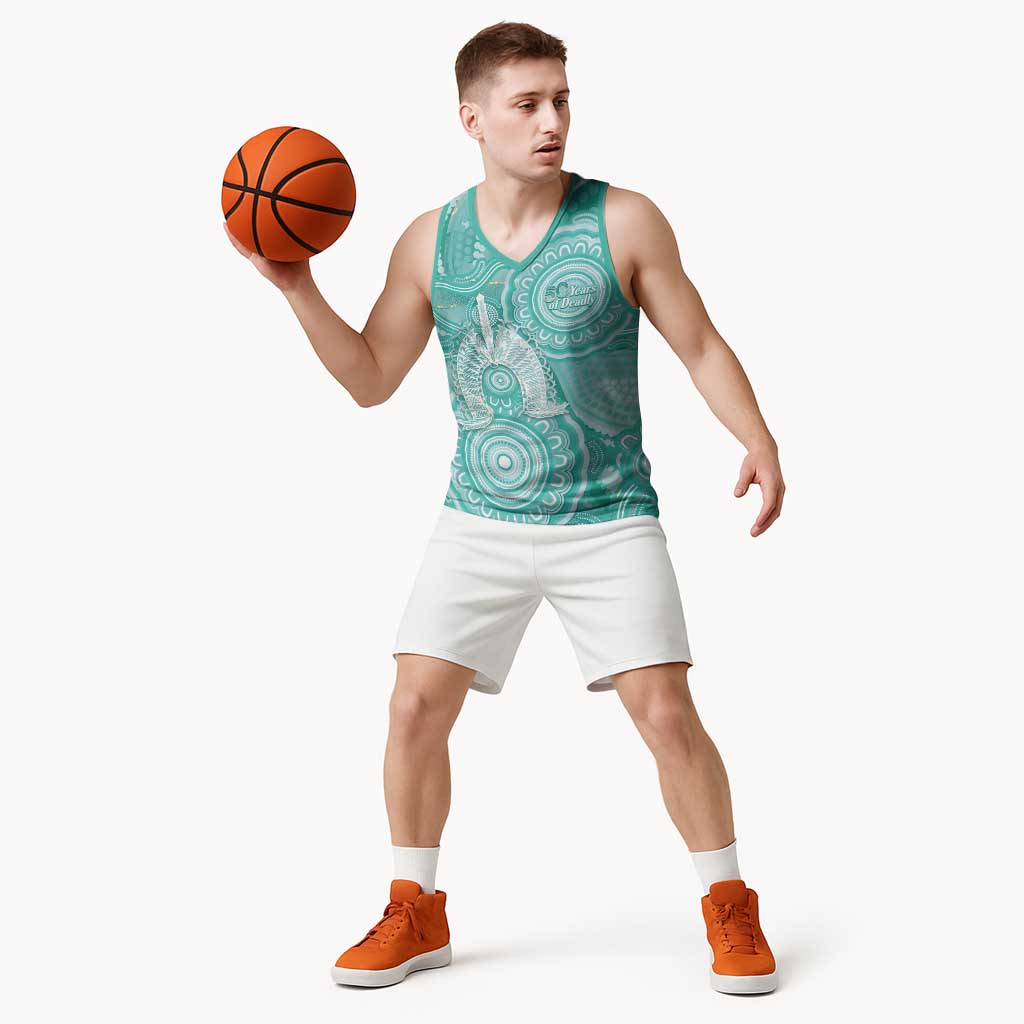 50 Years Deadly NAIDOC Week 2026 Personalised Basketball Jersey Dhari Cyan Indigenous Art