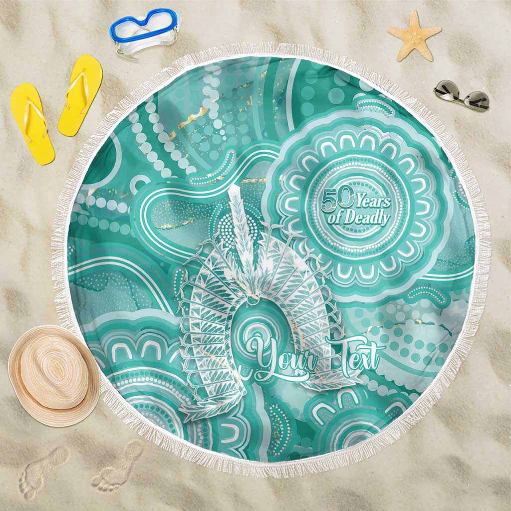 50 Years Deadly NAIDOC Week 2026 Personalised Beach Blanket Dhari Cyan Indigenous Art