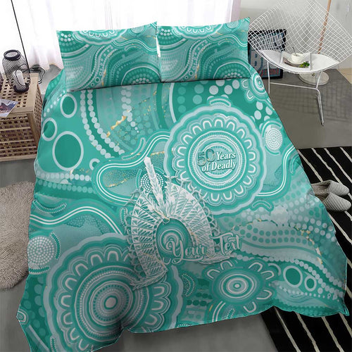 50 Years Deadly NAIDOC Week 2026 Personalised Bedding Set Dhari Cyan Indigenous Art