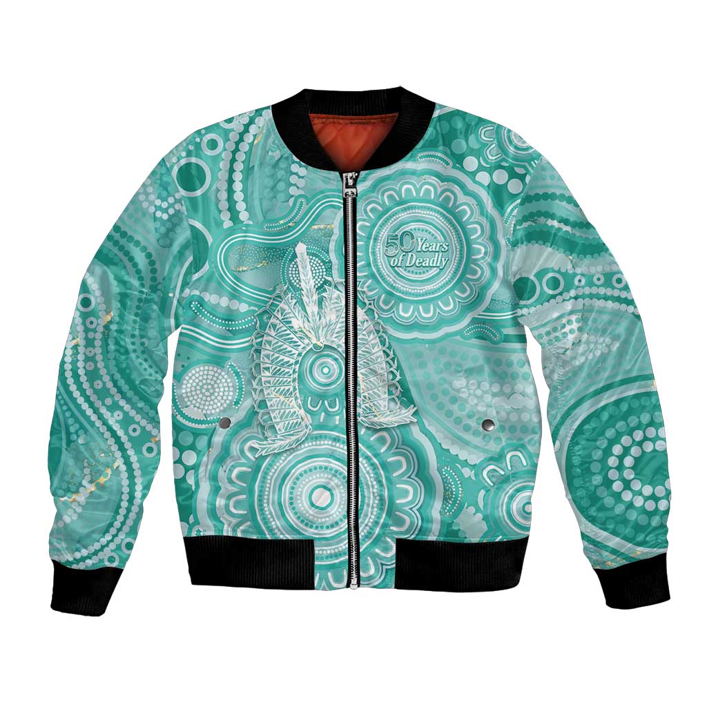 50 Years Deadly NAIDOC Week 2026 Personalised Bomber Jacket Dhari Cyan Indigenous Art