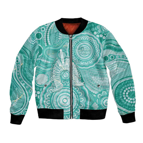50 Years Deadly NAIDOC Week 2026 Personalised Bomber Jacket Dhari Cyan Indigenous Art