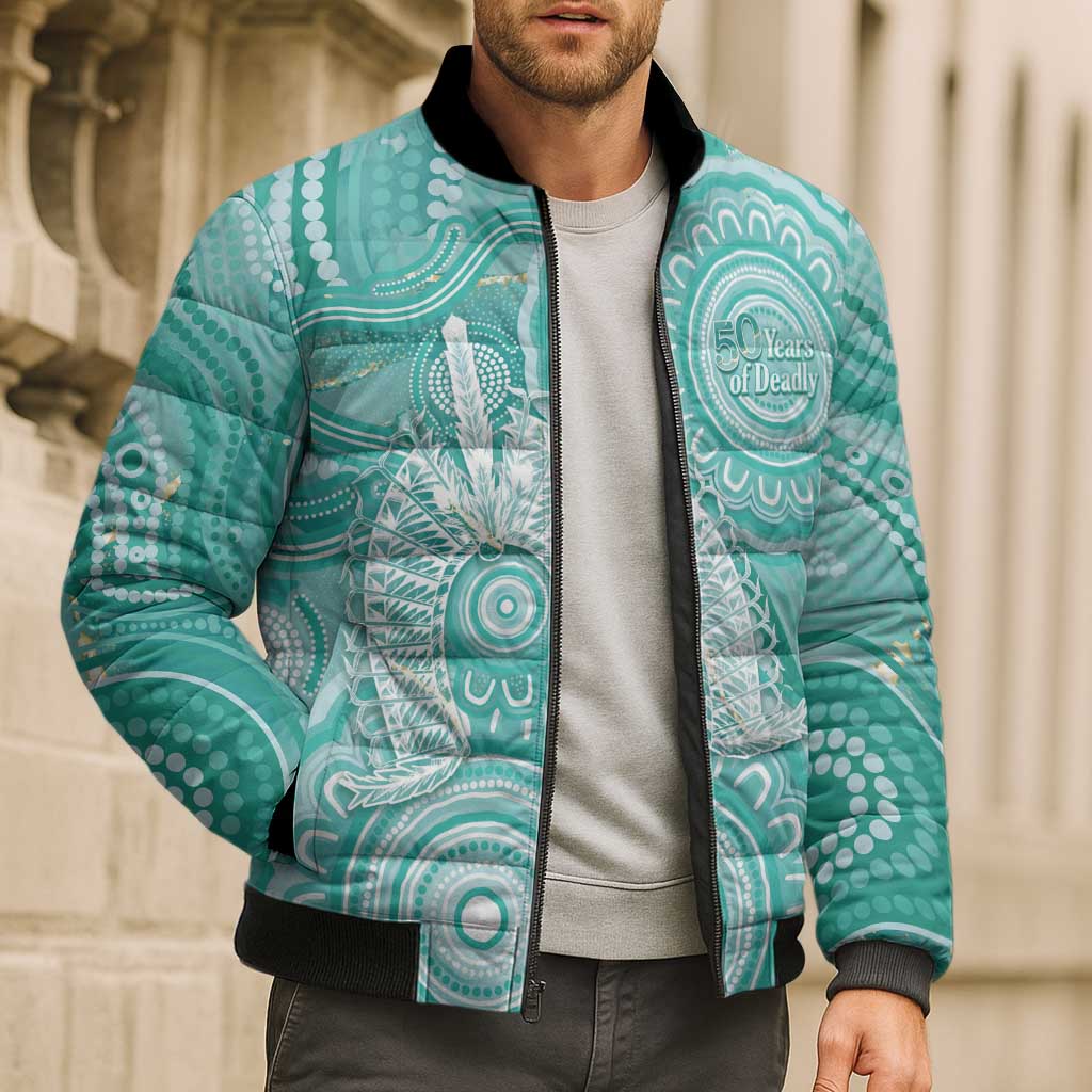 50 Years Deadly NAIDOC Week 2026 Personalised Bomber Puffer Jacket Dhari Cyan Indigenous Art