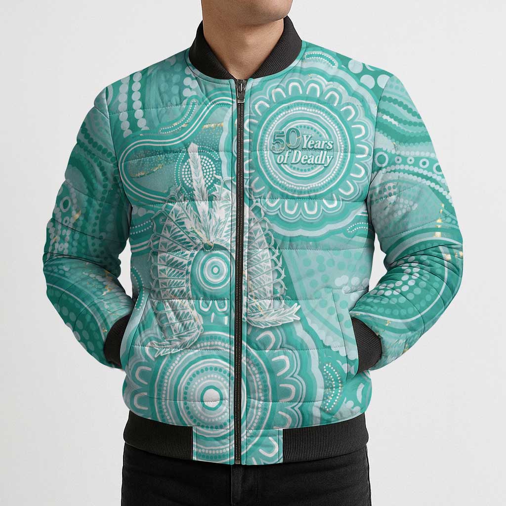 50 Years Deadly NAIDOC Week 2026 Personalised Bomber Puffer Jacket Dhari Cyan Indigenous Art
