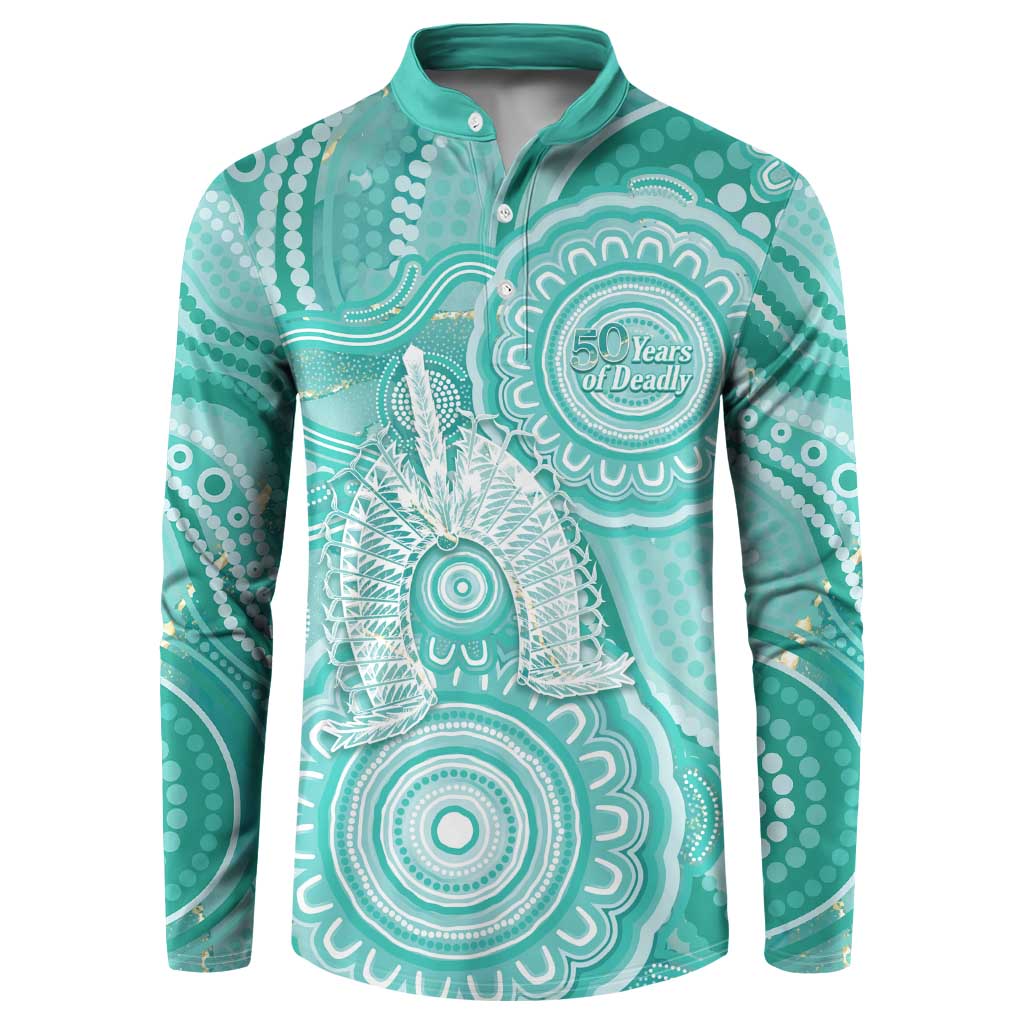 50 Years Deadly NAIDOC Week 2026 Personalised Button Sweatshirt Dhari Cyan Indigenous Art