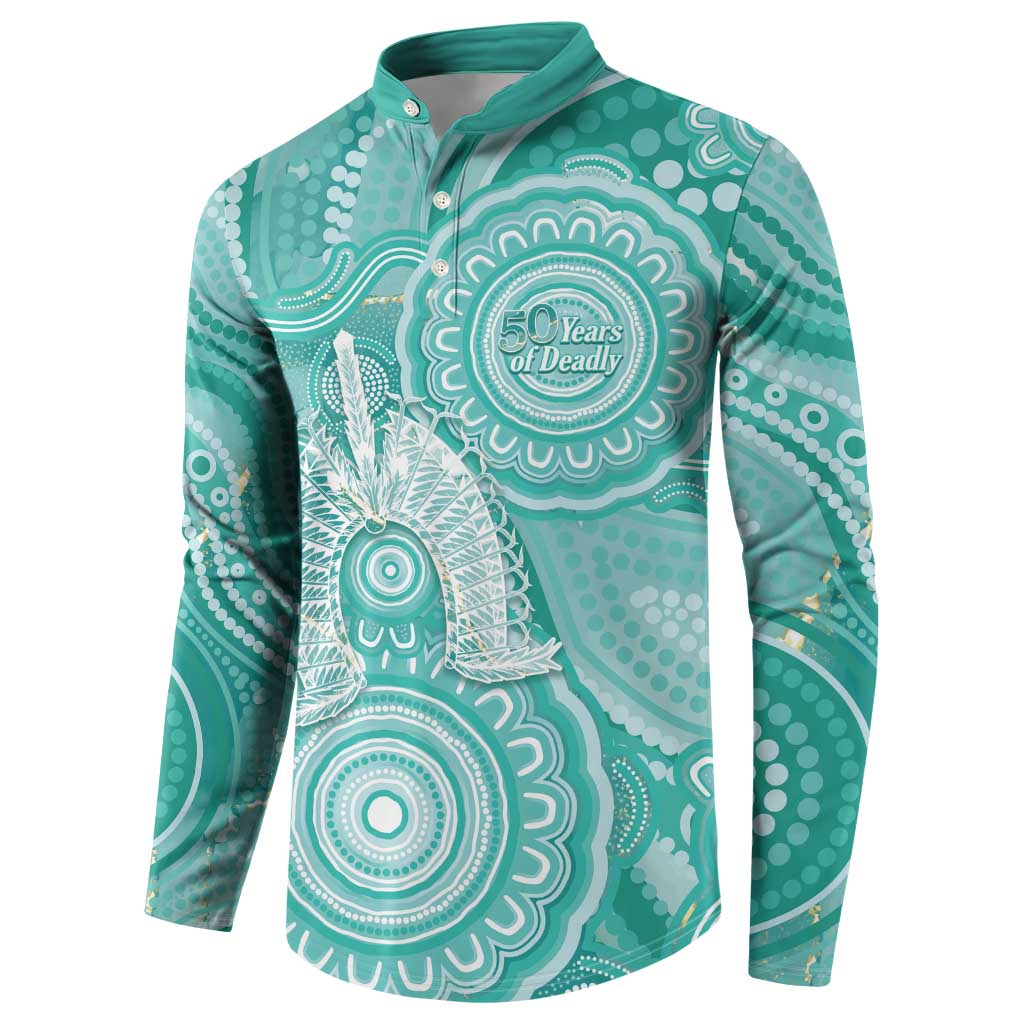 50 Years Deadly NAIDOC Week 2026 Personalised Button Sweatshirt Dhari Cyan Indigenous Art
