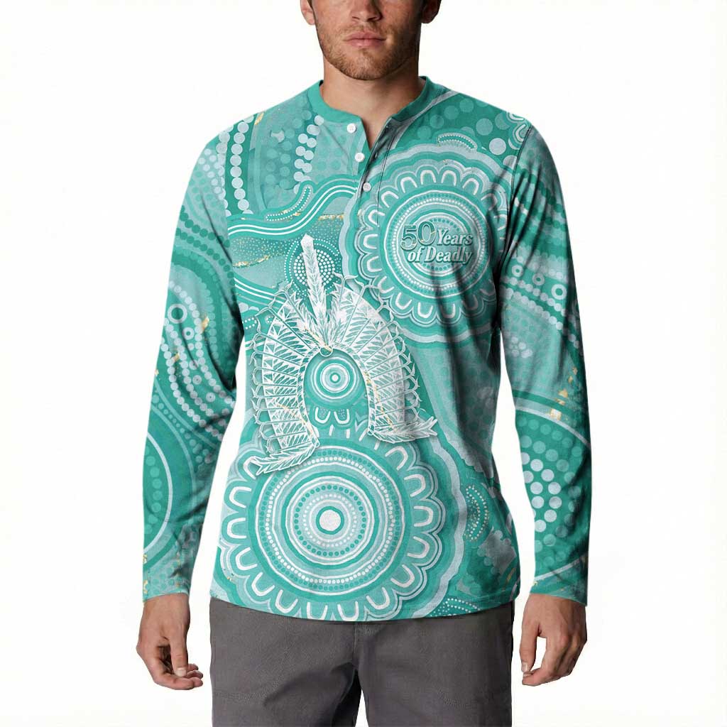 50 Years Deadly NAIDOC Week 2026 Personalised Button Sweatshirt Dhari Cyan Indigenous Art