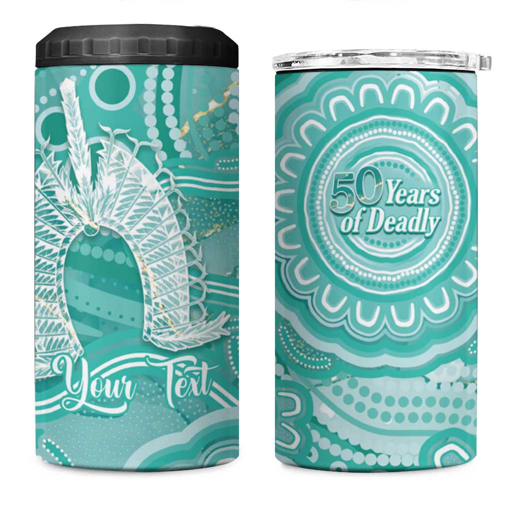 50 Years Deadly NAIDOC Week 2026 Personalised 4 in 1 Can Cooler Tumbler Dhari Cyan Indigenous Art