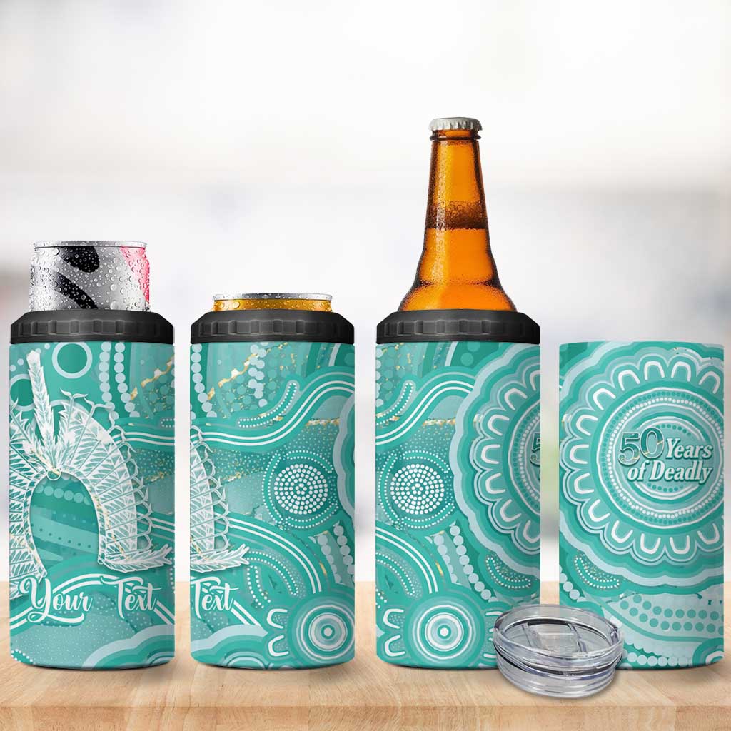 50 Years Deadly NAIDOC Week 2026 Personalised 4 in 1 Can Cooler Tumbler Dhari Cyan Indigenous Art