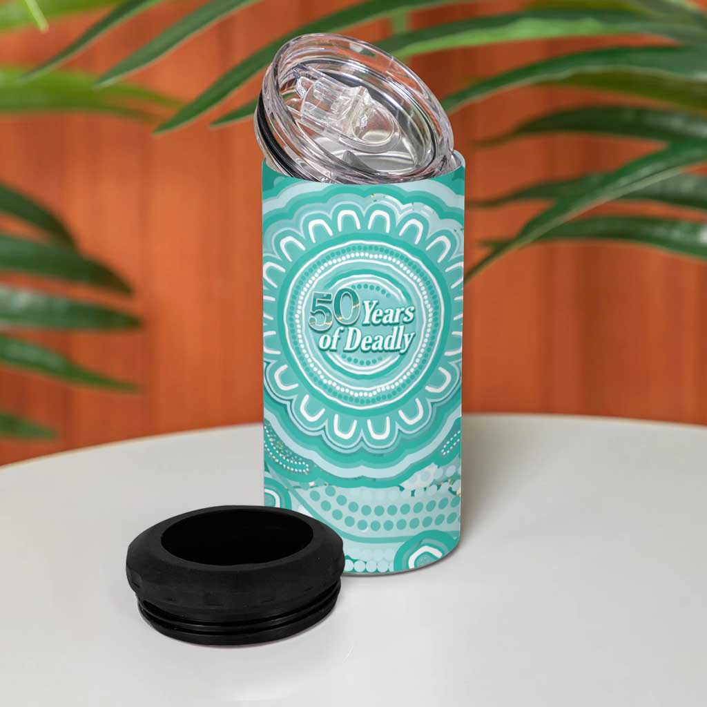 50 Years Deadly NAIDOC Week 2026 Personalised 4 in 1 Can Cooler Tumbler Dhari Cyan Indigenous Art