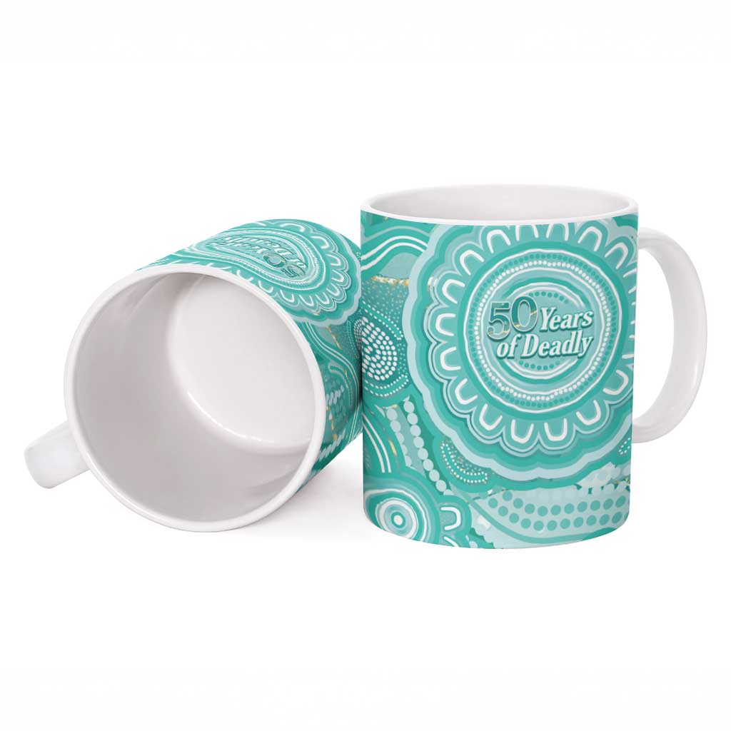 50 Years Deadly NAIDOC Week 2026 Personalised Ceramic Mug Dhari Cyan Indigenous Art