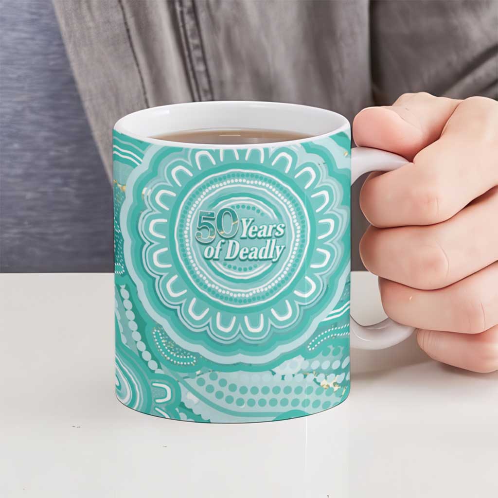 50 Years Deadly NAIDOC Week 2026 Personalised Ceramic Mug Dhari Cyan Indigenous Art
