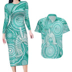 50 Years Deadly NAIDOC Week 2026 Personalised Couples Matching Long Sleeve Bodycon Dress and Hawaiian Shirt Dhari Cyan Indigenous Art