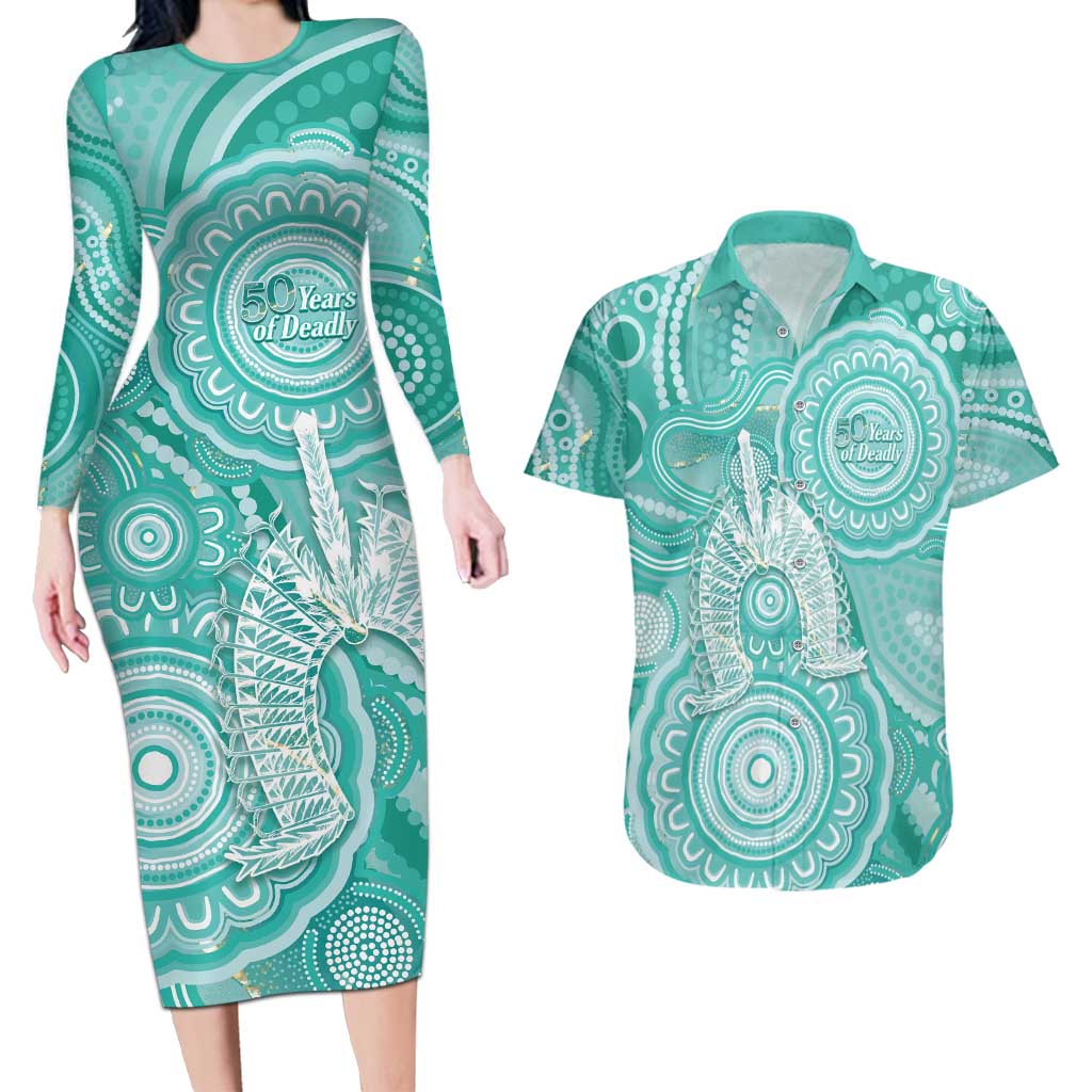 50 Years Deadly NAIDOC Week 2026 Personalised Couples Matching Long Sleeve Bodycon Dress and Hawaiian Shirt Dhari Cyan Indigenous Art