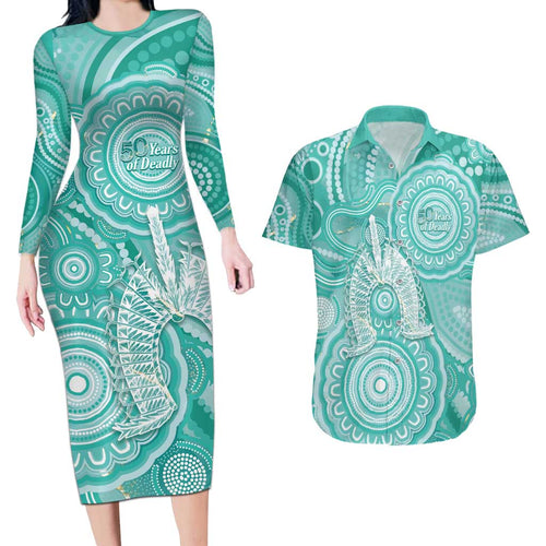 50 Years Deadly NAIDOC Week 2026 Personalised Couples Matching Long Sleeve Bodycon Dress and Hawaiian Shirt Dhari Cyan Indigenous Art