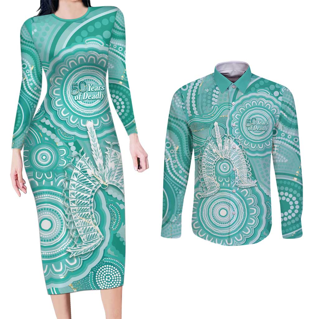 50 Years Deadly NAIDOC Week 2026 Personalised Couples Matching Long Sleeve Bodycon Dress and Long Sleeve Button Shirt Dhari Cyan Indigenous Art