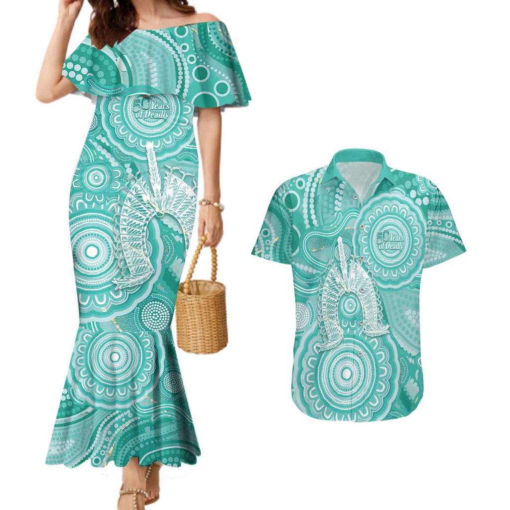 50 Years Deadly NAIDOC Week 2026 Personalised Couples Matching Mermaid Dress and Hawaiian Shirt Dhari Cyan Indigenous Art