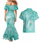50 Years Deadly NAIDOC Week 2026 Personalised Couples Matching Mermaid Dress and Hawaiian Shirt Dhari Cyan Indigenous Art