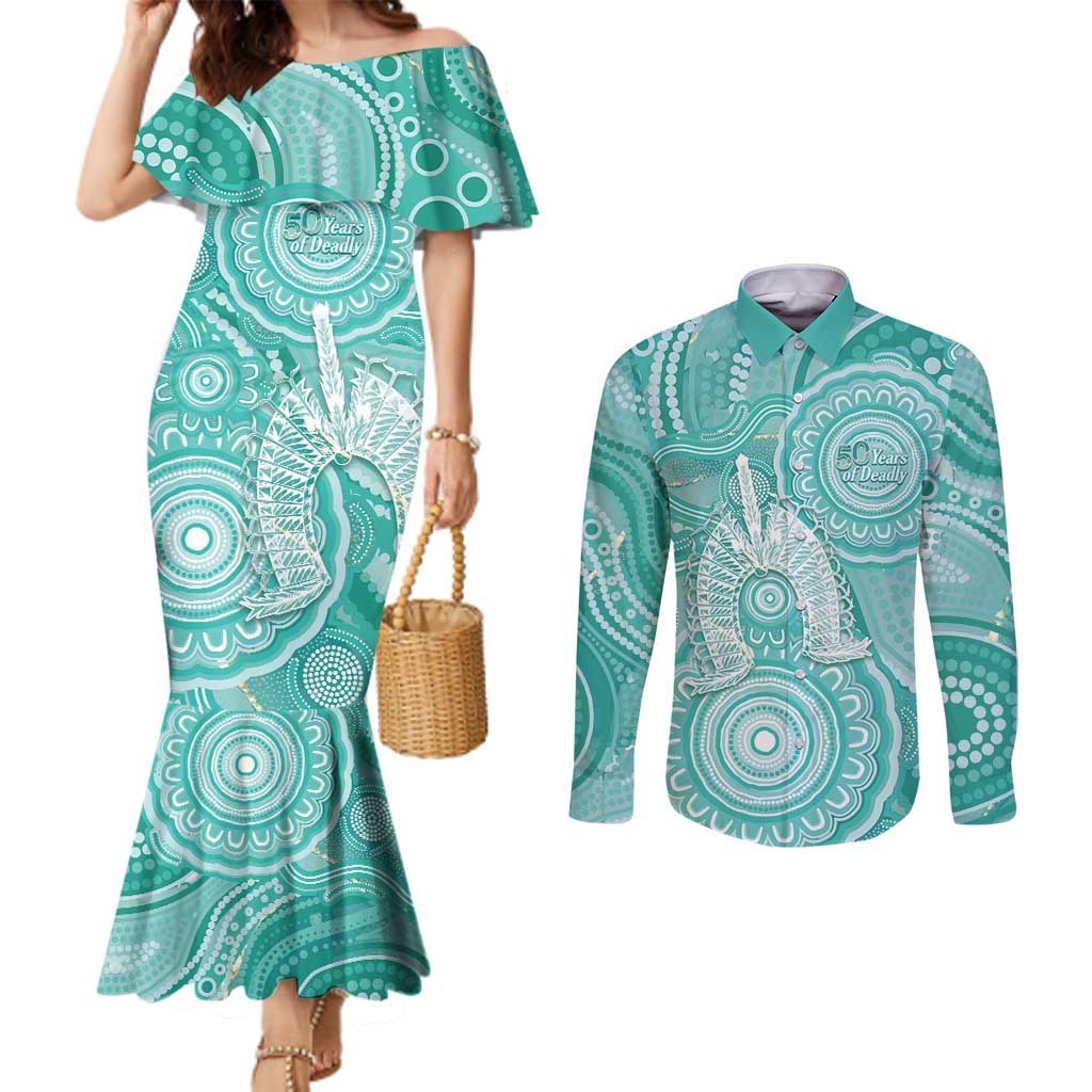 50 Years Deadly NAIDOC Week 2026 Personalised Couples Matching Mermaid Dress and Long Sleeve Button Shirt Dhari Cyan Indigenous Art