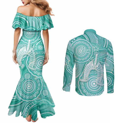 50 Years Deadly NAIDOC Week 2026 Personalised Couples Matching Mermaid Dress and Long Sleeve Button Shirt Dhari Cyan Indigenous Art