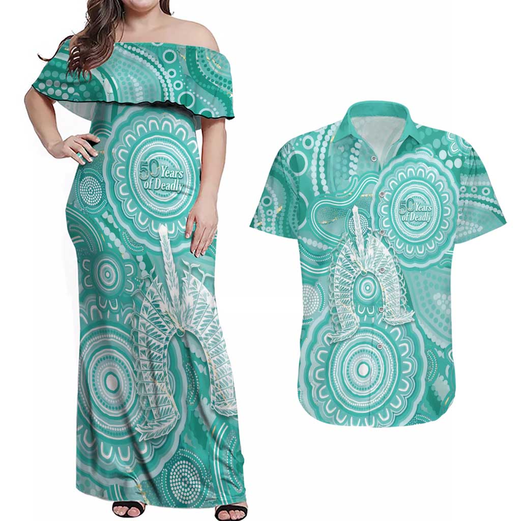 50 Years Deadly NAIDOC Week 2026 Personalised Couples Matching Off Shoulder Maxi Dress and Hawaiian Shirt Dhari Cyan Indigenous Art